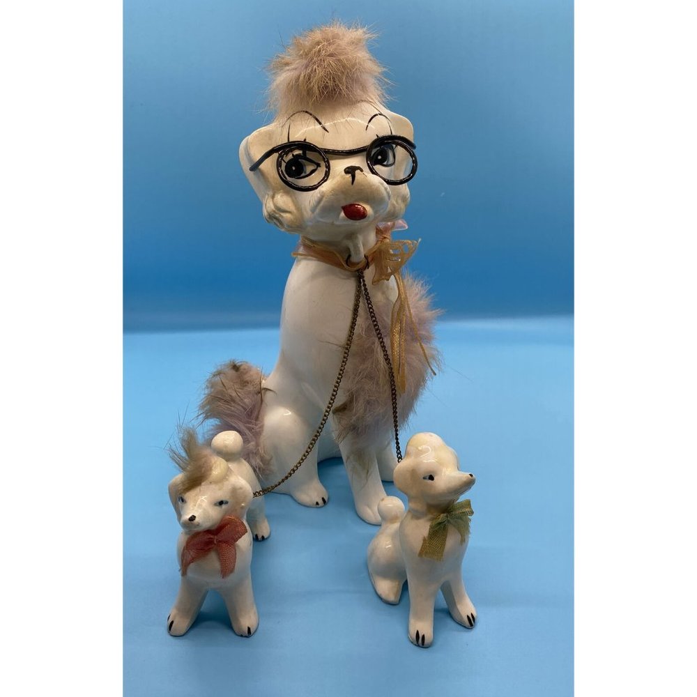 Vintage Ceramic Poodle w/ 2 - Baby Poodles on a Chain West Pac Made in Japan